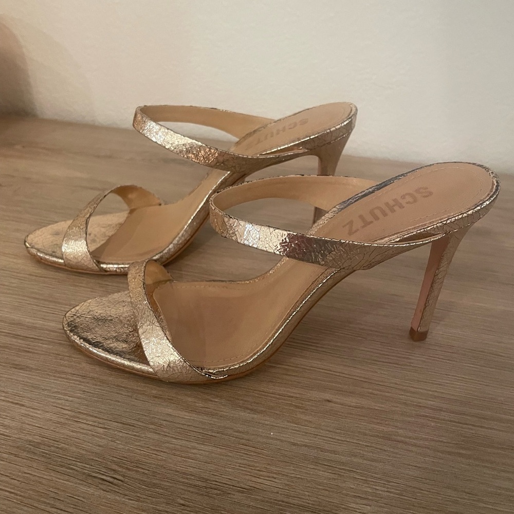SCHUTZ Metallic Gold Strappy High Heel Mules